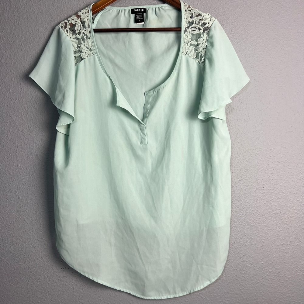 Torrid Blouse Mint Green Lace Flutter Cap Sleeve Office Career Wear Size Lg
